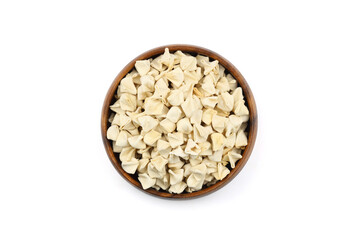 handmade manti (turkish ravioli type dumplings) on wooden bowl, before cooking. isolated on white background.