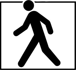 Minimalist black silhouette illustration of a person running or moving quickly, represented in a simple stick figure style. Suitable for use in signs, infographics, logos, or graphic design projects
