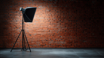 Photography studio light against a brick wall background.