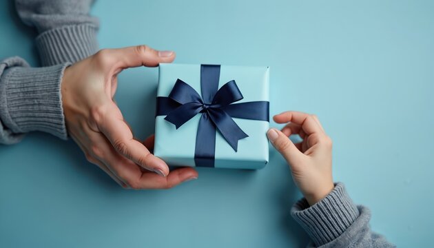 Child hands offer light blue gift box with dark blue ribbon to father hands. Top view emphasizes festive holiday concept, suitable for Father Day birthday celebrations. Shows caring human