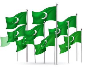 Group of waving green flags with crescent moons