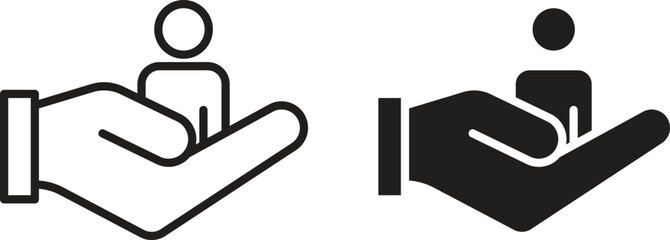 Two variations of a simple icon depicting a person being supported by helping hands. Line art and solid black versions.
