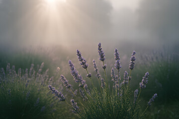 Lavender field in early morning mist with sun rays