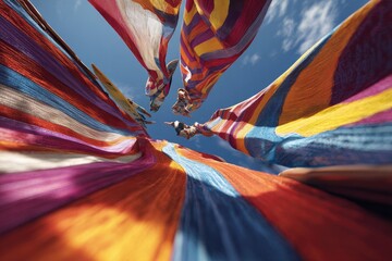 Colorful striped fabrics billowing in the breeze, viewed from below