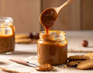 Homemade Caramel Sauce Dripping into Glass Jar.