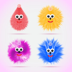 Set of playful cartoon creatures with fluffy textures and happy expressions, perfect for kids designs, stickers, and fun decorations.