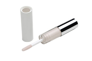 Clear lip gloss in a silver-topped tube.  A white applicator is visible