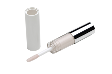 Clear lip gloss in a silver-topped tube.  A white applicator is visible
