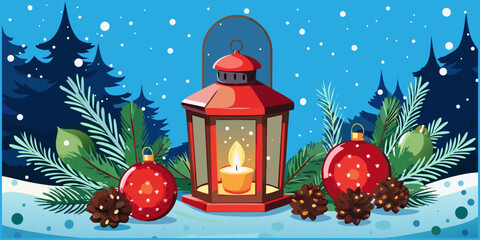 Christmas Lantern On Snow With Fir Branch in the Sunlight. New Year's beautiful background Christmas lantern rests on snow with a branch of fir Christmas Holidays greeting card 