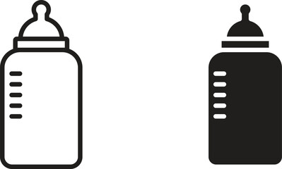 Two baby bottle line art icons, one black and one white, isolated on white background. Perfect for baby product designs.