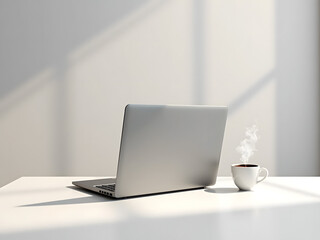 Laptop and coffee on a white desk bathed in sunlight, perfect for work.