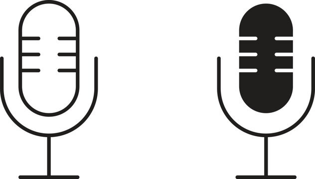 Two retro microphone icons, one outline and one solid, isolated on white. Perfect for podcasting, music, or audio related projects.