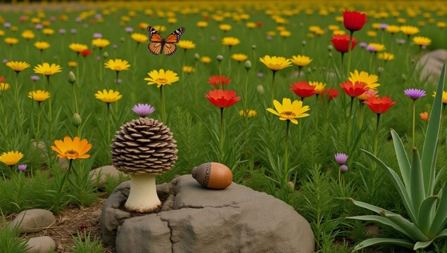 A nature-inspired still life featuring pinecone mushroom butterfly leaf cactus acorn tree ladybug tulip and flower oak branch - Powered by Adobe