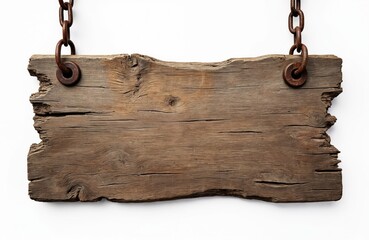 Weathered wooden sign board hanging from chains, isolated on white background. Features rough texture, visible grain, and aged, rustic look suitable for rustic or vintage themes.