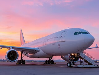 Obraz premium A sleek airplane stands on the runway against a colorful sunset, ready for takeoff, showcasing modern aviation technology.
