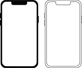 Smartphone outline icon set, modern mobile phone template, front view silhouette and line art, black and white vector design