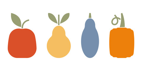 Simple floral icons of vegetables and fruits. Elements of autumn, harvest in geometric style. Vector illustrations for logos, stickers, children's items
