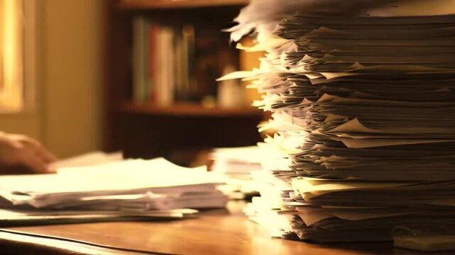 A persons hand sifting through a large stack of papers on a wooden desk in an office setting, with a bookshelf in the background, suggesting hard work and dedication 4k video