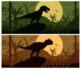 Two banners. Dinosaurs silhouettes on rocky hills against a large sun in a prehistoric jungle. Vector illustration with pterosaurs, tropical plants, and dramatic lighting.