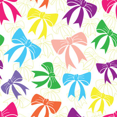 Vector illustration. Colorful vibrant bow seamless repeat pattern with outlined bows in background.