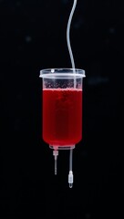 Ok Gigapixel resolution image of a blood bag with red liquid and an IV tube on a dark abstract background