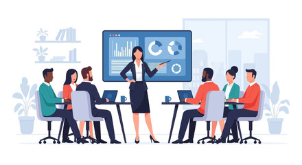 Business presentation with diverse team collaboration and data visualization