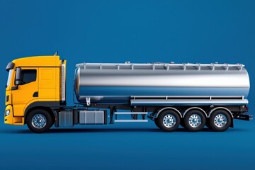A yellow tanker truck with a shiny silver tank is displayed against a blue background, showcasing its creation and industrial features.