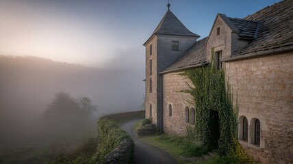 Fototapeta premium Ancient stone building with a tower amidst a misty landscape.
