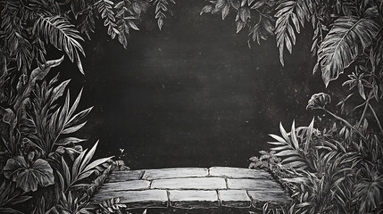 A detailed illustration of a jungle scene with a stone bridge and lush vegetation, framed by foliage, perfect for artistic or nature-themed projects.