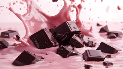 Indulge in Decadence A Symphony of Dark Chocolate Cubes Plunging into a Creamy Pink River of Sweetness Delightful