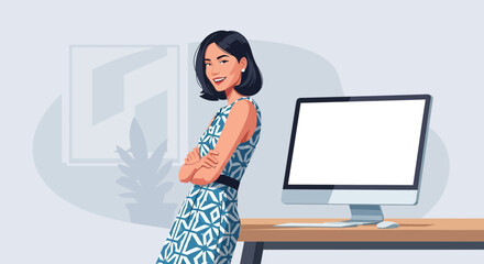 Confident woman standing in front of a computer monitor in a professional setting