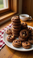 Ok Cozy kitchen scene featuring freshly baked chocolate chip cookies on a plate