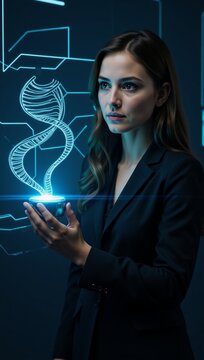 Ok Curious young woman investigates futuristic device displaying glowing DNA symbol