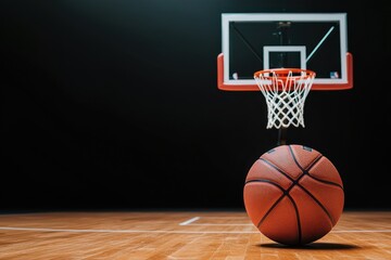 A basketball rests on a wooden court, with a hoop and net in the background, set against a black backdrop for dramatic effect.