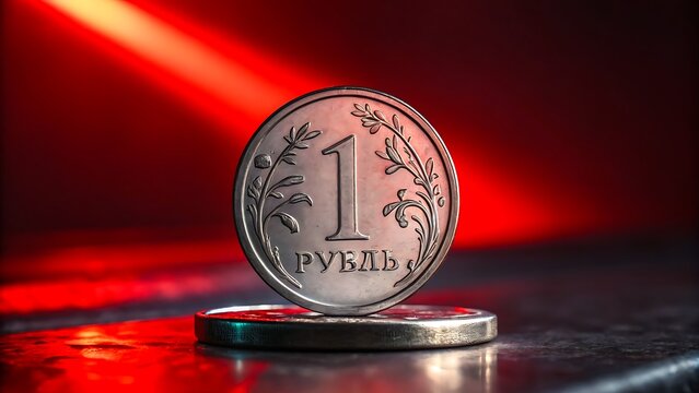 One ruble coin standing on metal surface with red light background symbolizing money and finance
