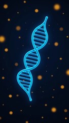 Ok glowing blue double helix DNA structure in a dark background with golden particles bokeh effect