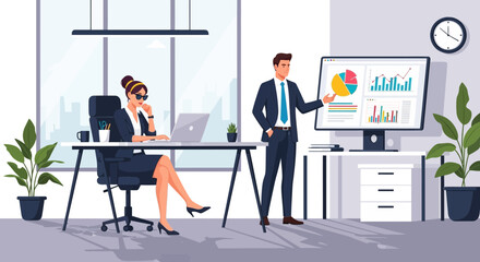 Fototapeta premium Executive business analysis in modern office with financial data visualization