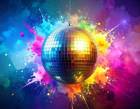 Disco ball amidst a vibrant explosion of colors in a festive and energetic atmosphere - Powered by Adobe