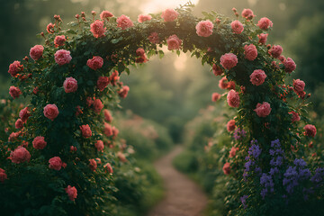 Rose archway in a lush garden with morning dew on petals