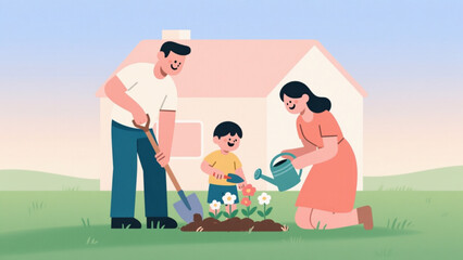 Fototapeta premium Flat vector illustration of family gardening together, clean background.