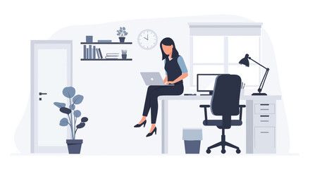 Illustration showing woman working on laptop in modern, organized home office