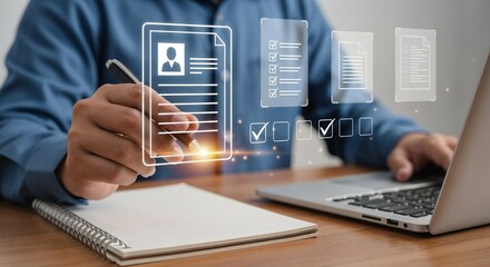  A person at a desk reviews a digital resume and checklists on a transparent screen. HR, recruitment, and online application concept.