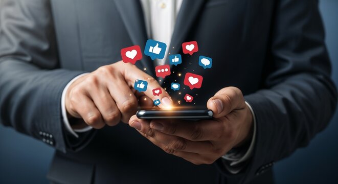 A businessman holds a smartphone with social media icons like 'heart', 'thumb up', and 'comment' flying out of the screen. Social media engagement concept.
