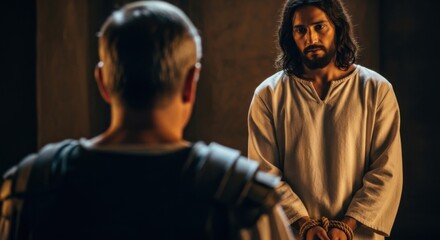 A man Jesus Christ with bound hands stands before a Roman man in a dark room. Good Friday and passion of Jesus concept.