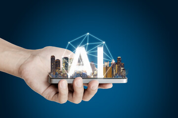 Hand holding mobile smart phone, with AI technology concepts. Artificial intelligence technology application
