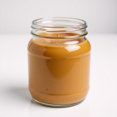 Cool Creamy peanut butter in a glass jar isolated on white