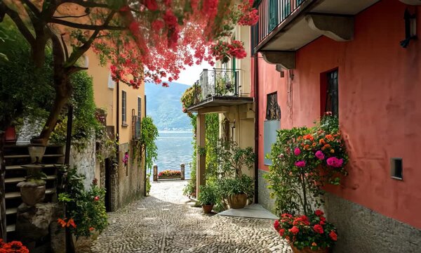 Romantic Italian Lake Como cobblestone street with colorful flowers and traditional architecture views