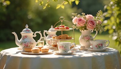 Elegant afternoon tea party set on rustic wooden table in sunlit garden. Featuring delicate porcelain china with floral rose patterns, tiered pastry stand with sandwiches, cakes, fresh strawberries,