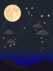 Naklejka premium Illustration of a glowing full moon with stars and clouds in a dark night sky, serene and dreamy landscape with soft light and cosmic atmosphere.