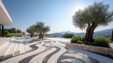 Obraz premium Luxury Villa Exterior with Olive Trees and Unique Mosaic Pavement on a Sunny Day